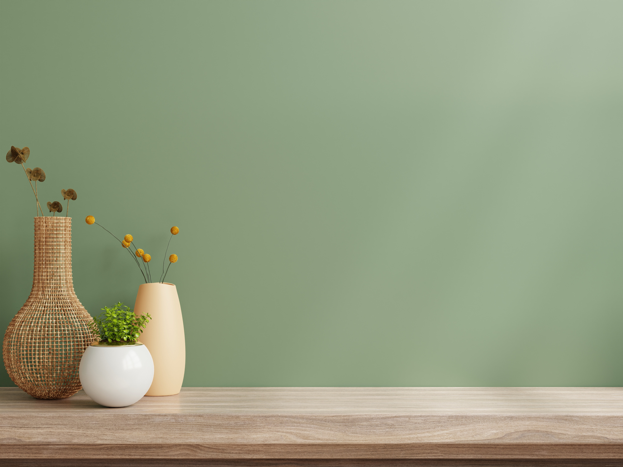 Green Wall with Wooden Shelf